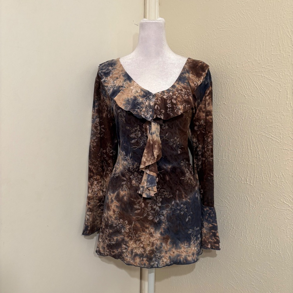 Brown Blue Tie Dye Watercolor Floral Ruffle Fairycore Boho Bell Sleeve Blouse M